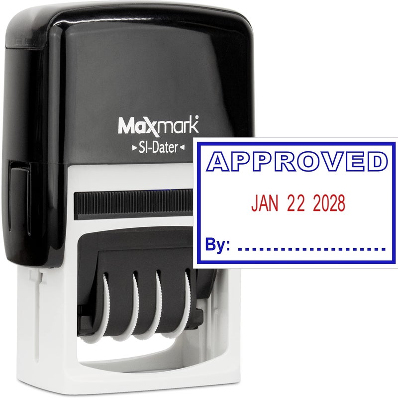MaxMark Office Self Inking Date Stamp with Phrase Approved - 2 Color Blue/Red Ink - Image 1
